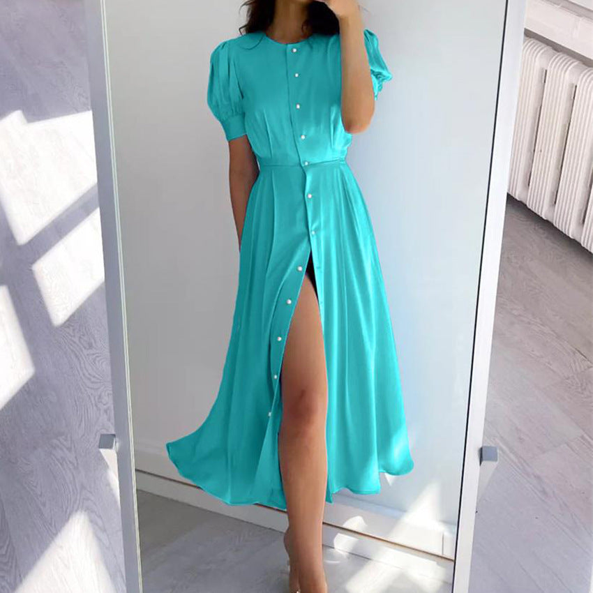 Elegant Slit Dress Short Sleeve Commuter Dress Fashion Small Zhongtong Qin Shirt Dress Women's Clothing