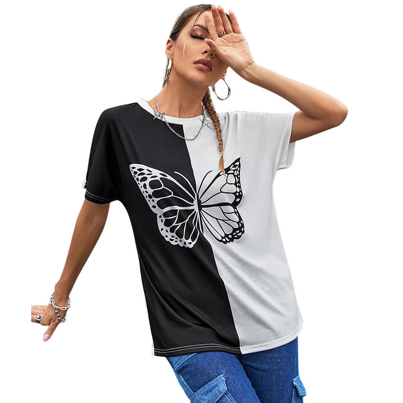 Black and White Butterfly Color Matching round Neck Loose Short Sleeves Women's T-shirt