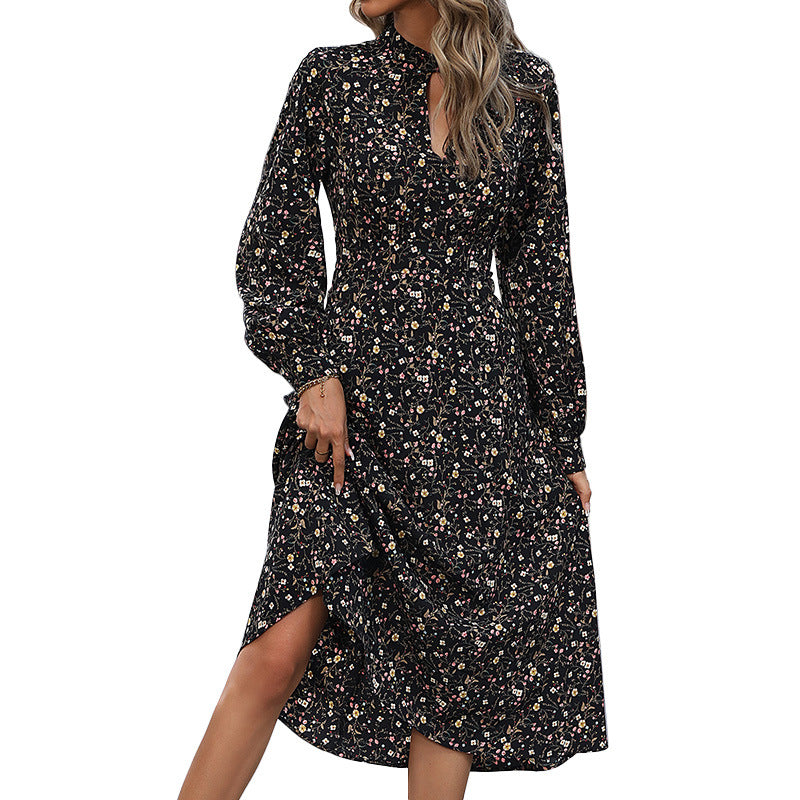 Women's Long-Sleeved Waist Floral Dress Velvet Dress Autumn and Winter