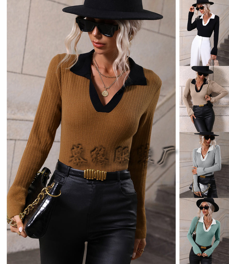 Women's Pullover Sweater New Bell Sleeve Lapel Sweater