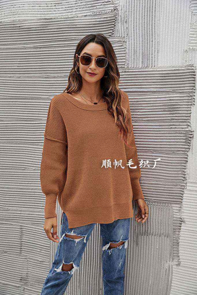 Fashion Pullover Sweater round Neck Loose off-the-Shoulder Large Size Solid Color Sweater