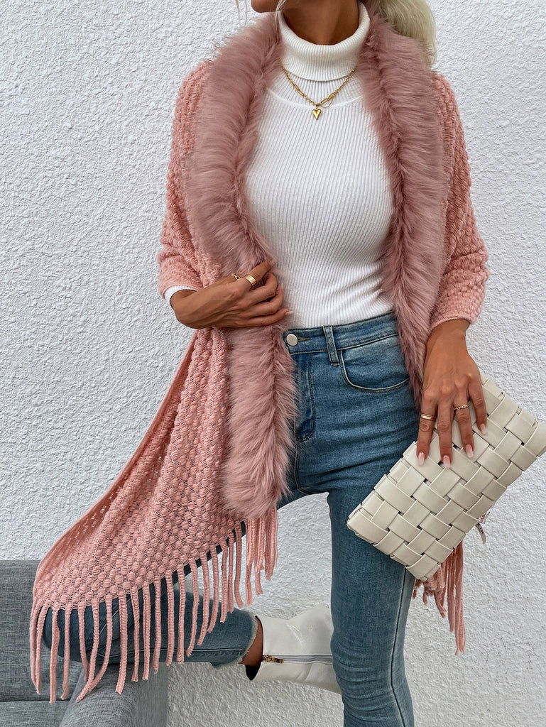 Autumn and Winter New Light Luxury Fur Collar Tassel Shawl Sweater Coat