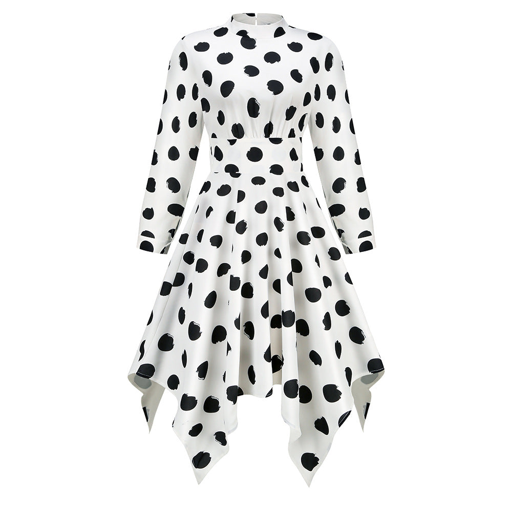 Irregular Long Sleeve Polka Dot Dress Women's New European and American Popular