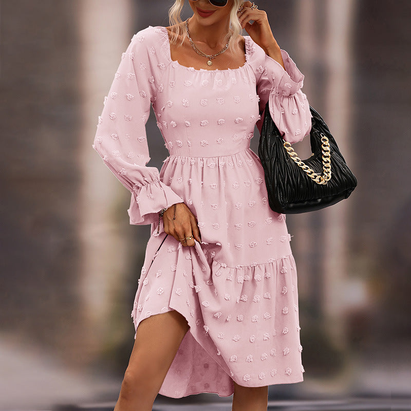 Autumn Three-Dimensional Embossed Chiffon Midi Long Sleeve Dress