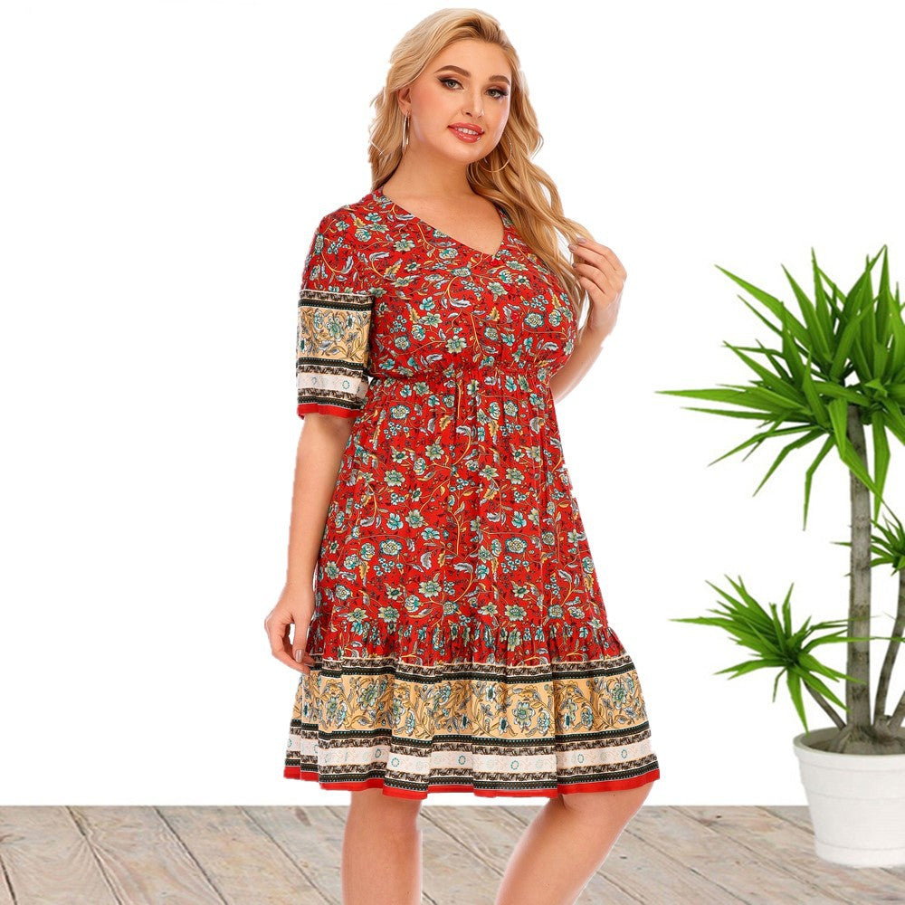 European and American plus Size Women's Clothes Short Sleeve Printed Dress