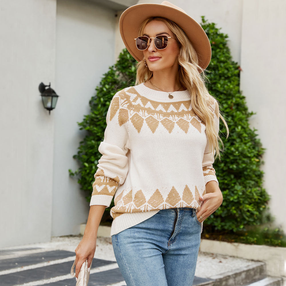 Women's Vintage Jacquard Sweater Women's round-Neck Long-Sleeved Pullover