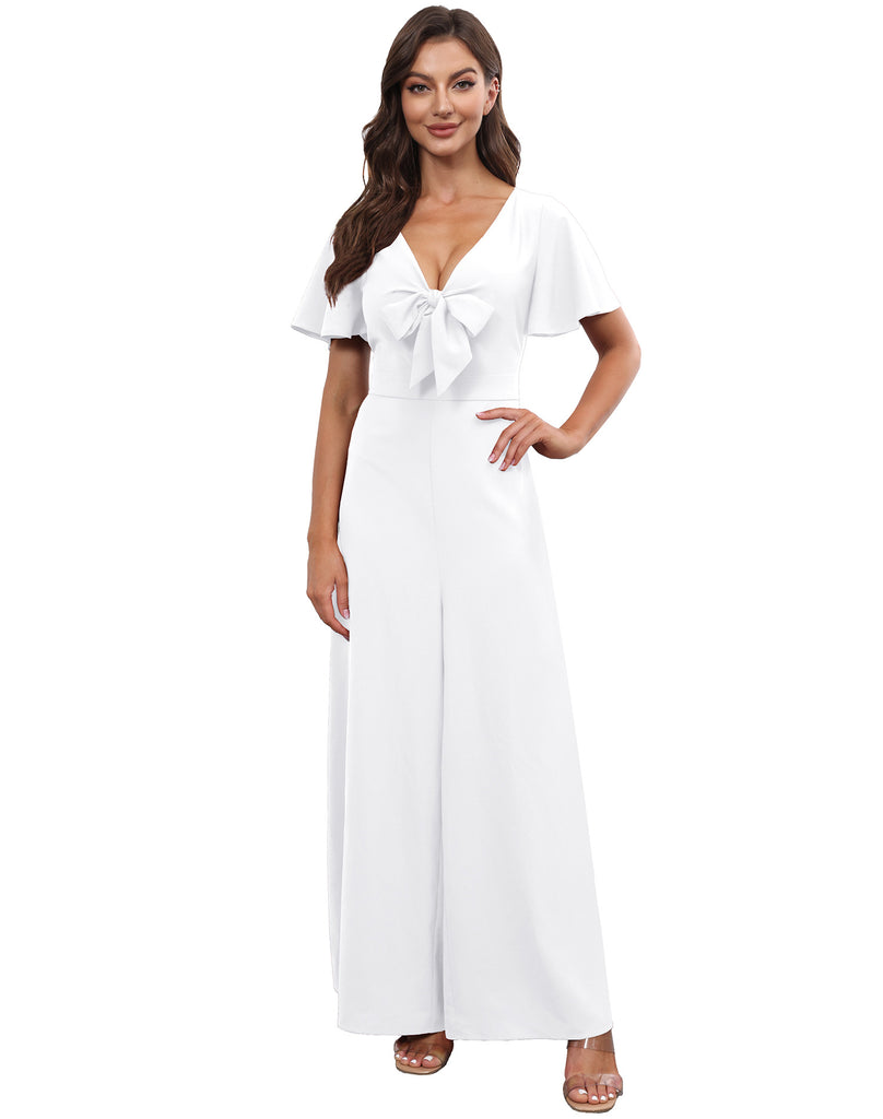 Bow V-neck Lotus Leaf Sleeves Loose Temperament Elegant Jumpsuit Chiffon Wide Leg Pants