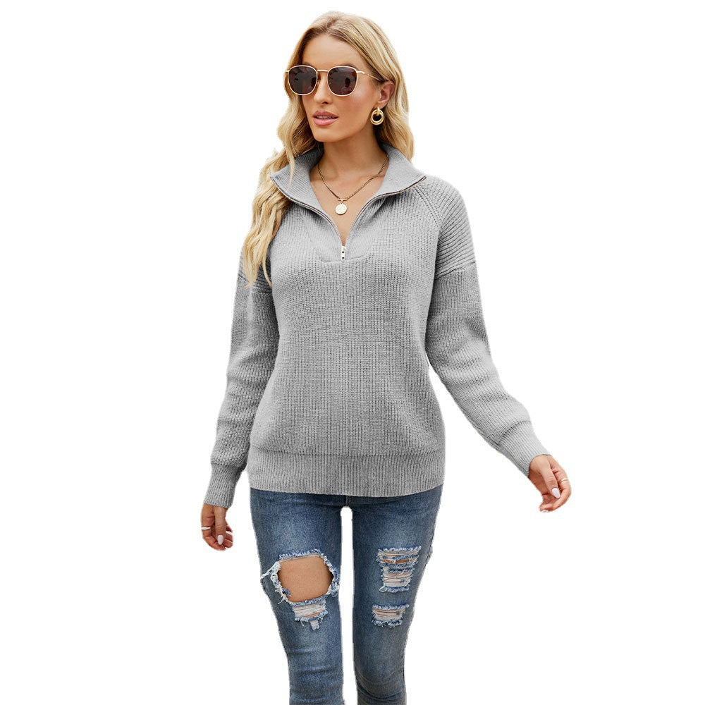 Women's Fashion Striped Color Matching Sweater Long Sleeve Zipper and Lapel Sweater