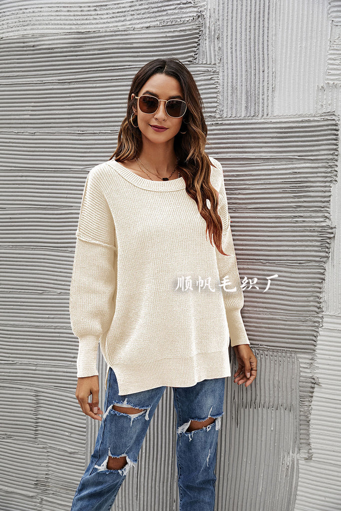 Fashion Pullover Sweater round Neck Loose off-the-Shoulder Large Size Solid Color Sweater