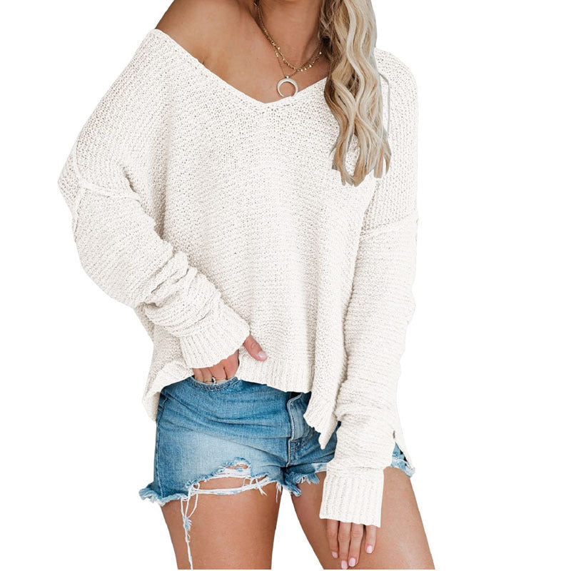 Women's off-the-Shoulder Knitted Sweater Oversized Long Sleeve Sexy V-neck Loose Pullover