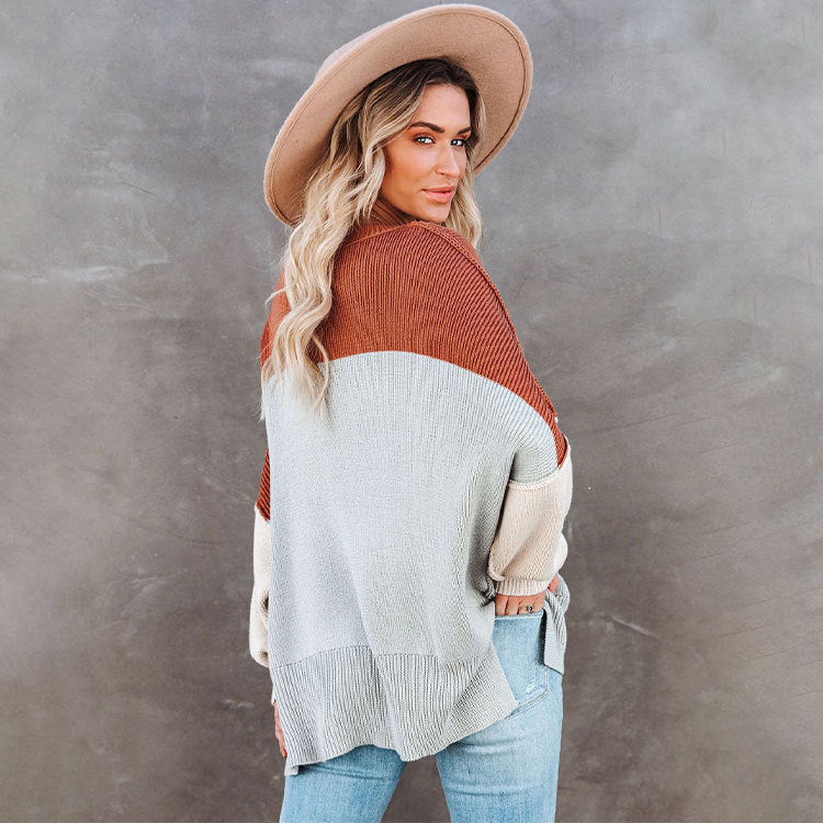 Color Matching Batwing Sleeve Large Size round Neck Sweater Pullover Women's Sweater Women