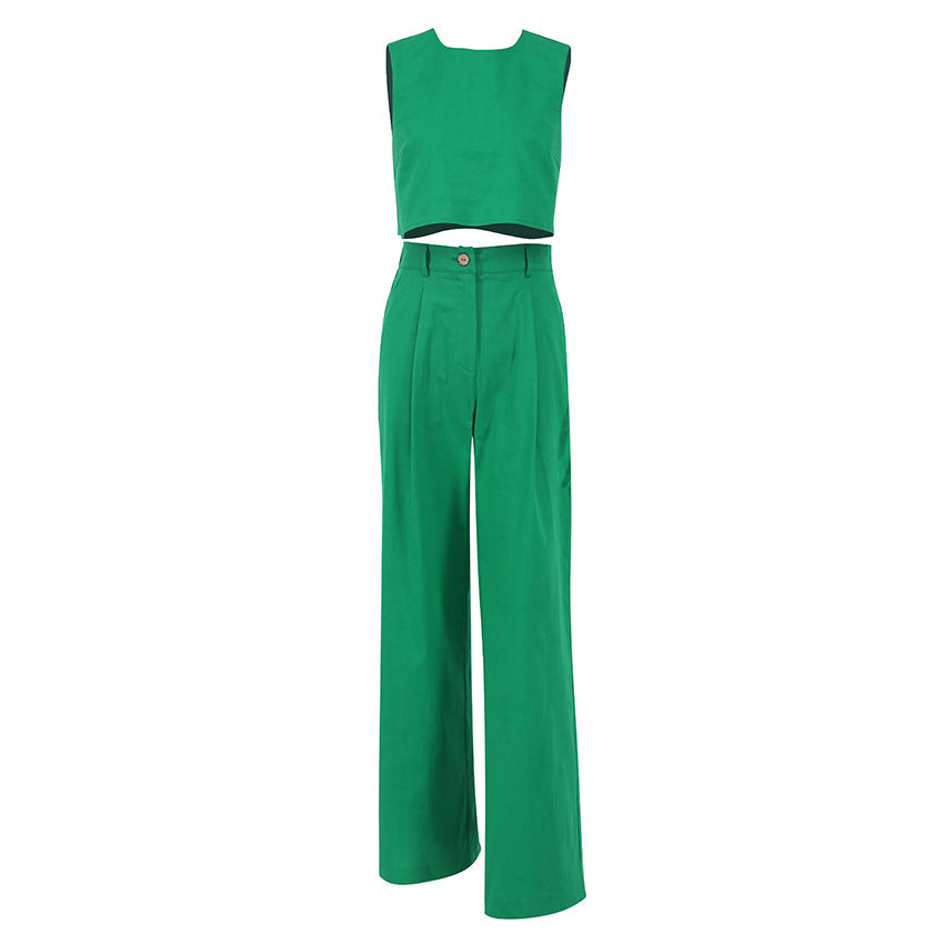 Cotton and Linen Casual Fashion Camisole Trousers Suit Commuter Two-Piece Set Green Urban Women