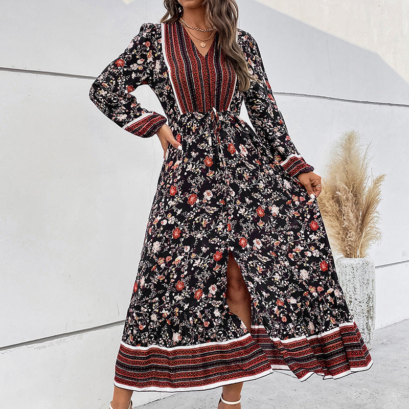 Women's V-neck Puff Sleeve Bohemian Printed Long Sleeve Split Dress