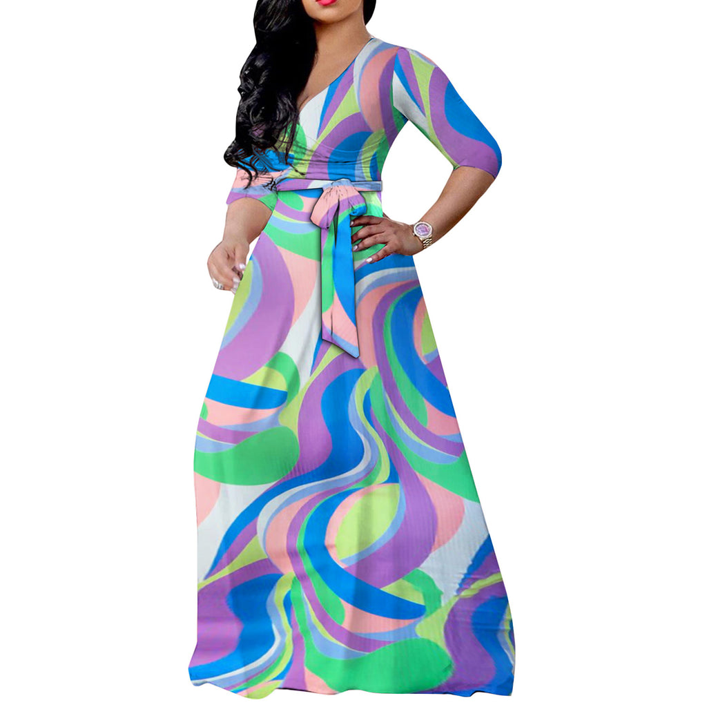 YM-8616 women fahshion 3/4 sleeve v neck foral printed maxi dress