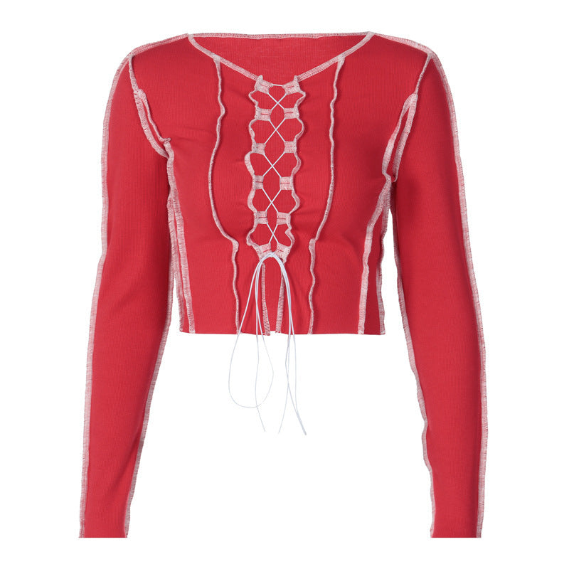 Autumn and Winter Thick Chest Hollow out Stitching Wooden Ear Navel Waist Top Lace-up Long Sleeve T-shirt Women's Clothing