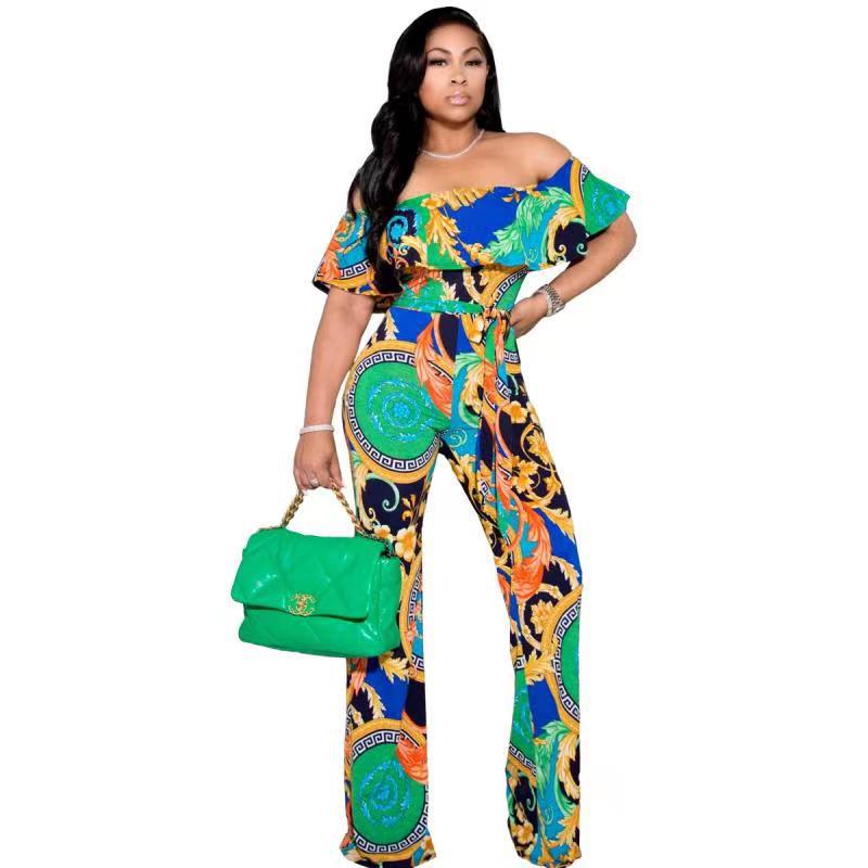 YM-8605 European and American women's sexy printed word neck wide leg jumpsuit