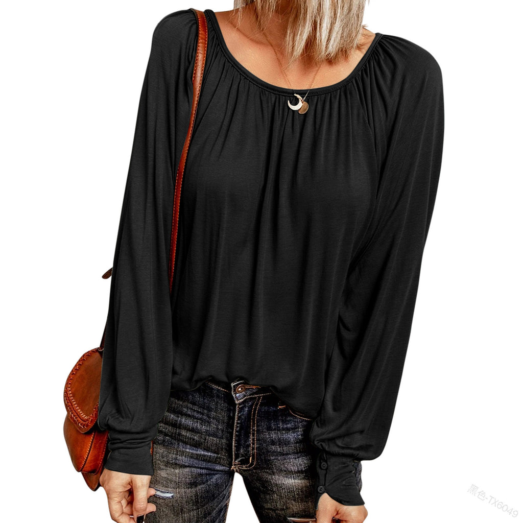 Bestseller Solid Color Crew Neck Casual Pleated Long-Sleeved Top