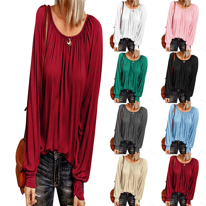 Bestseller Solid Color Crew Neck Casual Pleated Long-Sleeved Top