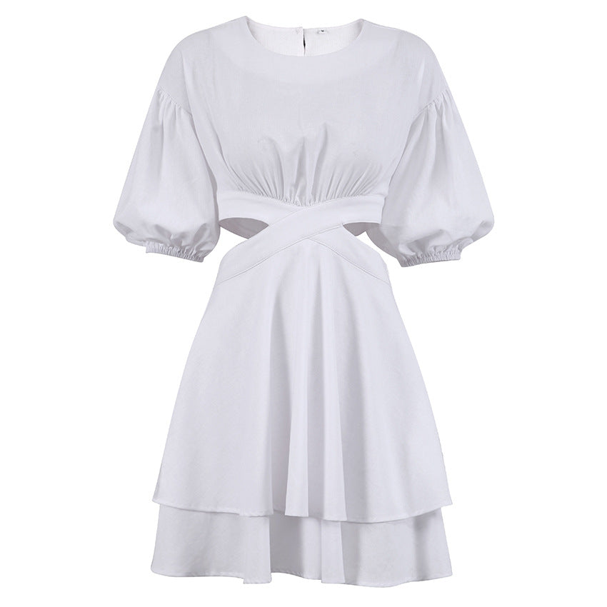 French Commuter Bubble Sleeve Backless Design Temperamental Minority Cotton Dress Cake Dress