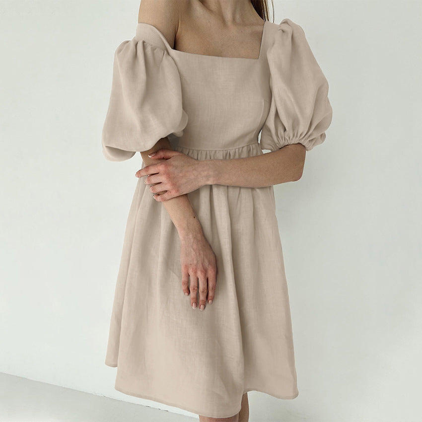 French Ins Fashion Commuter Casual Women's Bubble Sleeve European and American A- line Dress Cotton and Linen Dress