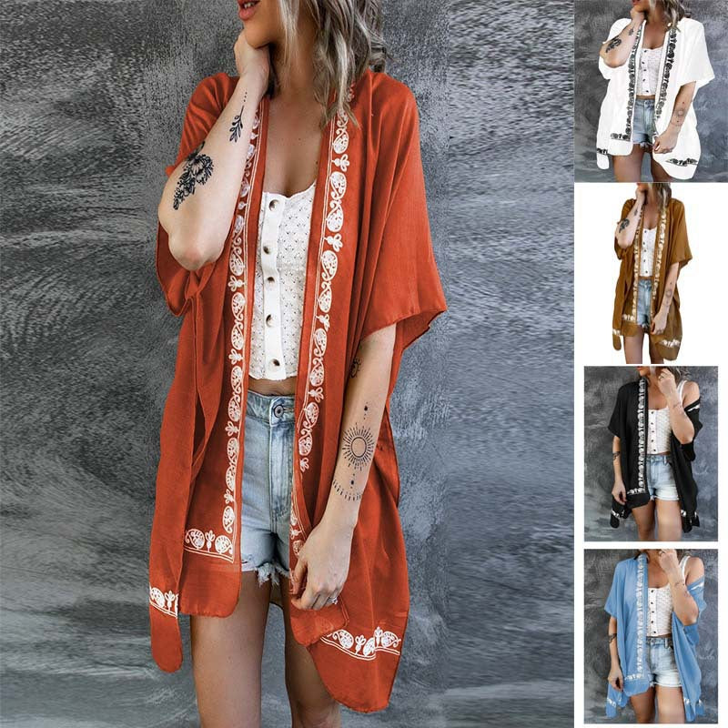 Blouse Chiffon Summer Pattern Loose Beach Sun Protection Half Sleeve