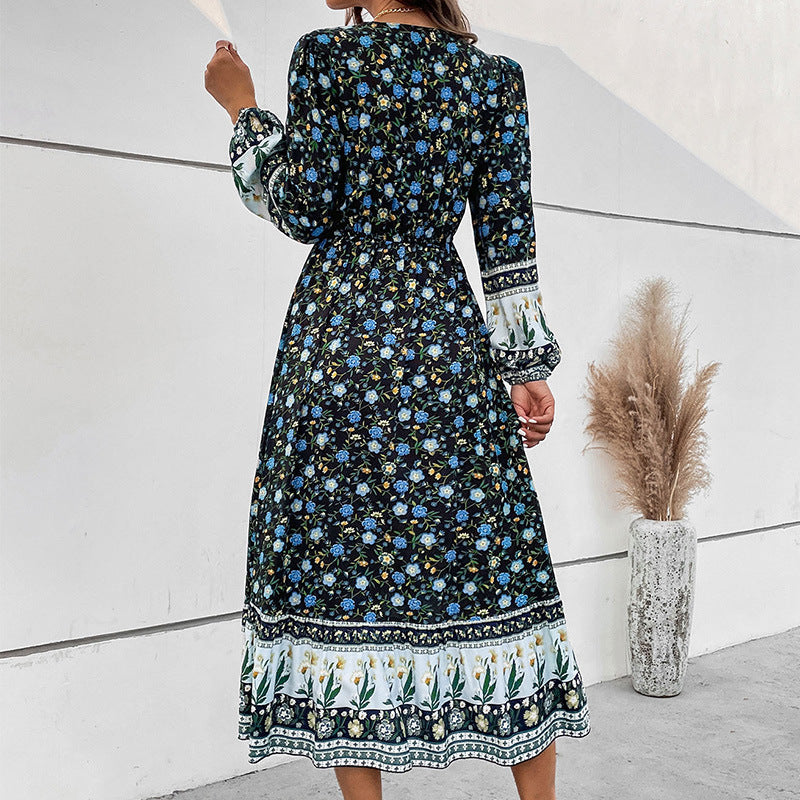 Women's V-neck Puff Sleeve Bohemian Printed Long Sleeve Split Dress