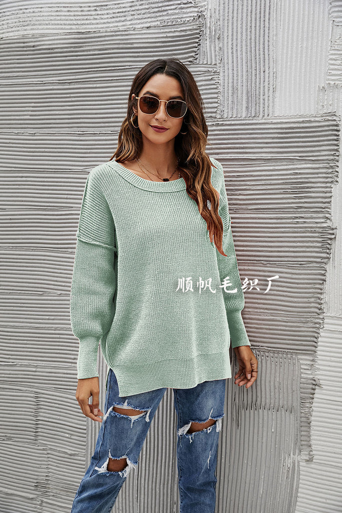 Fashion Pullover Sweater round Neck Loose off-the-Shoulder Large Size Solid Color Sweater