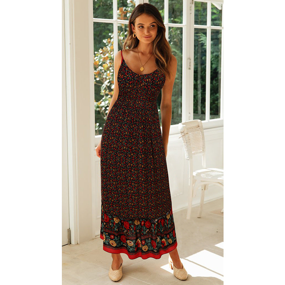 2022 summer new large swing skirt European and American women's dress Bohemian V-neck suspender floral dress