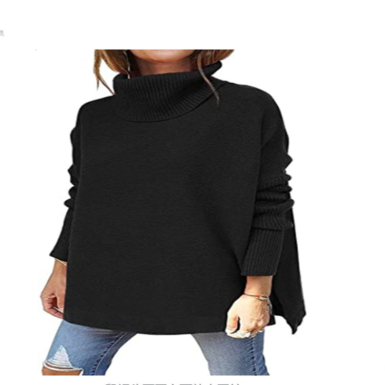 Women's Turtleneck Oversized Sweater Mid-Length Batwing Sleeve Hem Waist Pullover Sweaters Top