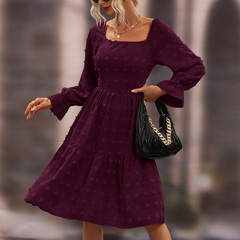 Autumn Three-Dimensional Embossed Chiffon Midi Long Sleeve Dress