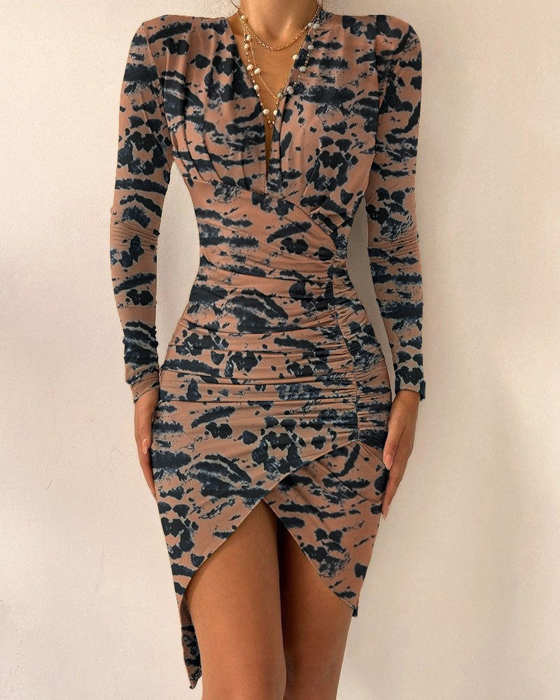 Autumn and Winter Long Sleeve V-neck Printed Tight Split Dress Women's Clothing