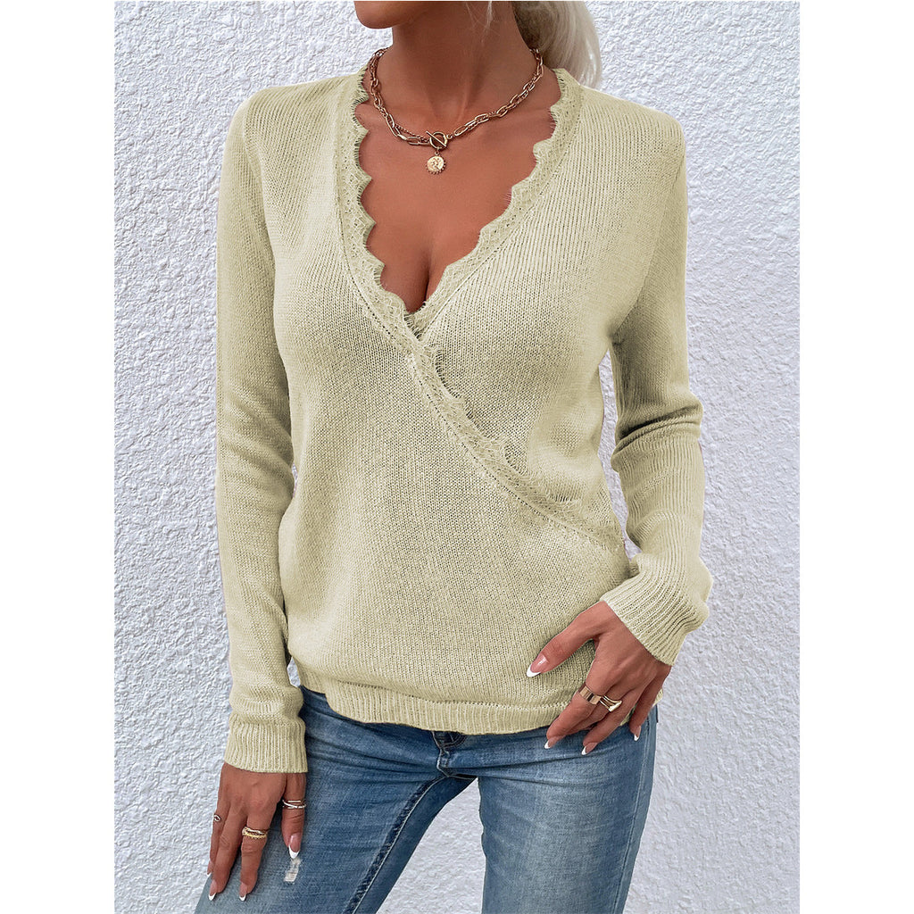 Autumn and Winter Loose Pullover V-neck Lace Sweater Coat