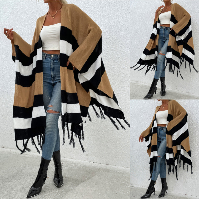 Autumn and Winter New Striped Contrast Color Tassel Shawl Sweater Cloak