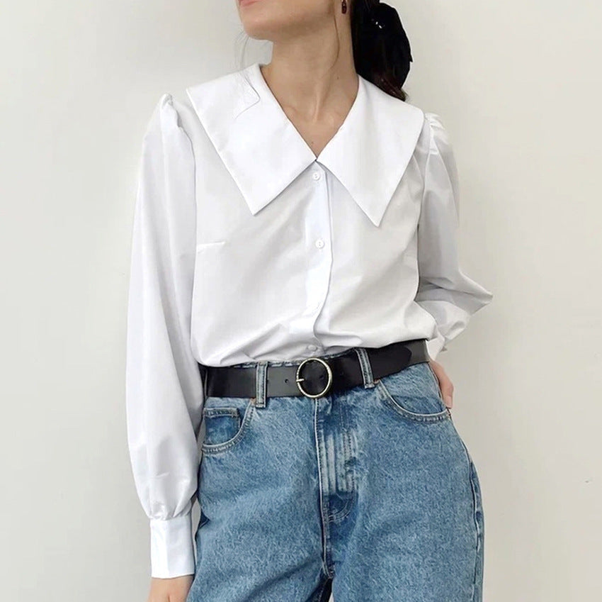 French Style Temperament Commuter Sailor Collar Casual Versatile Long Sleeves White Shirt European and American Classic Niche