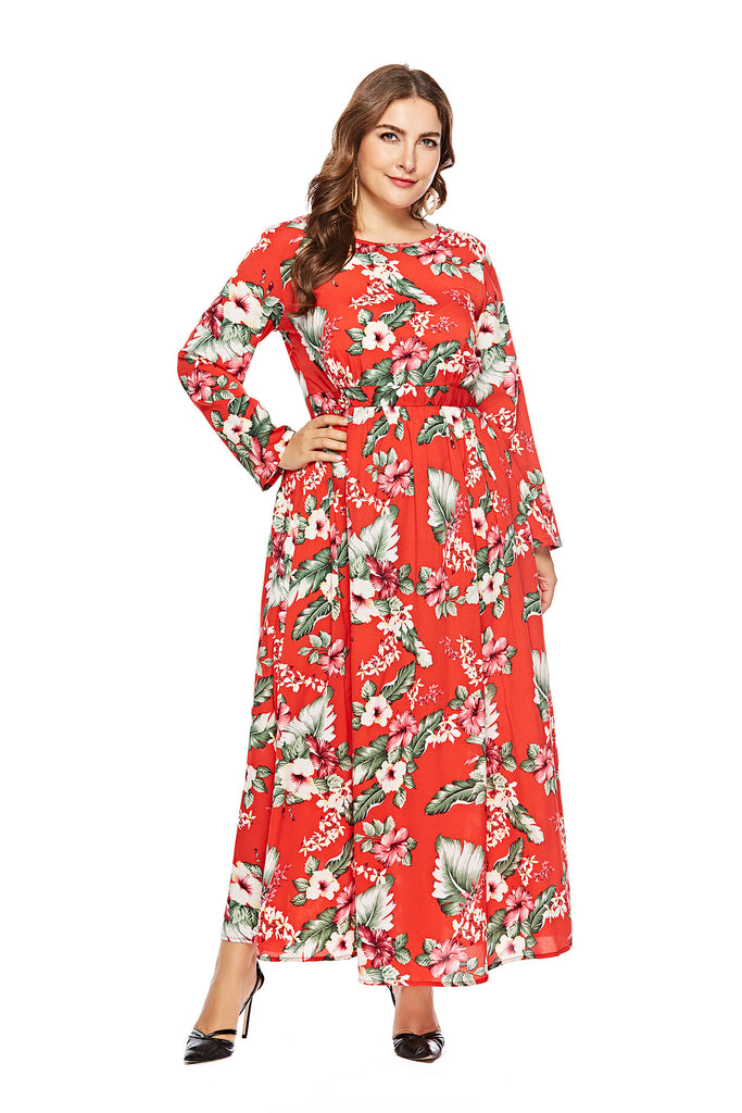 Women's Long Sleeve Big Hem Printed Chiffon Long Dress