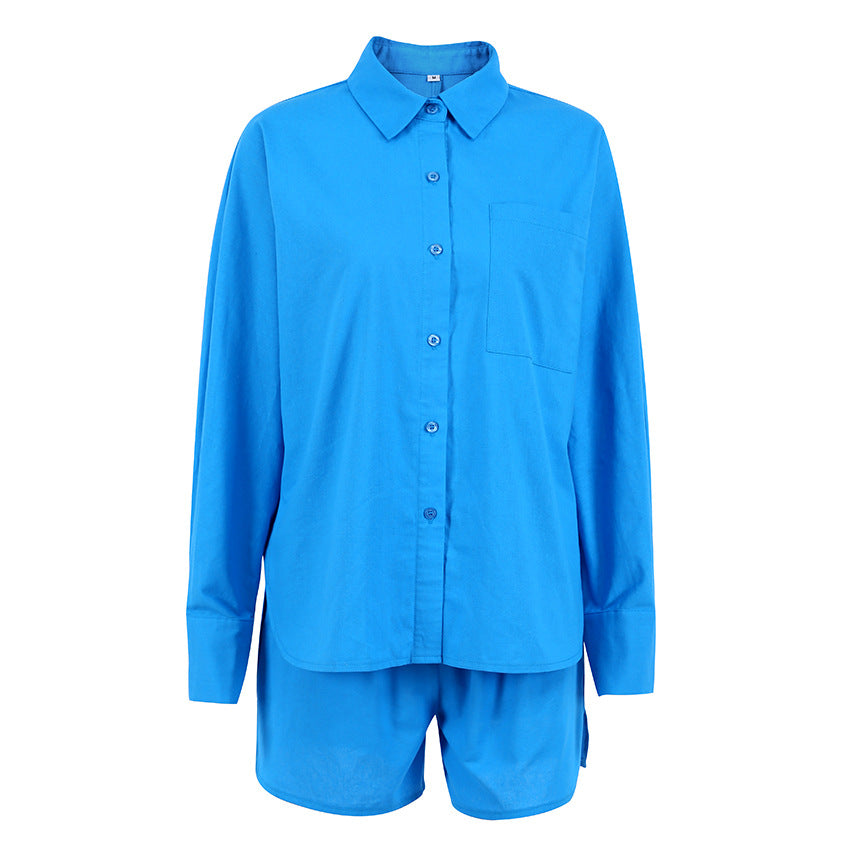 Blue Cotton Linen Shirt Long-Sleeve Suit Two-Piece Set 2022 Summer European and American Leisure Commute Minimalist Ins Style Women's Clothing