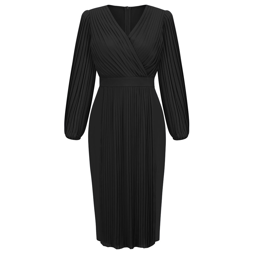 Elegant Pleated Lantern Sleeve V-neck Slim Dress