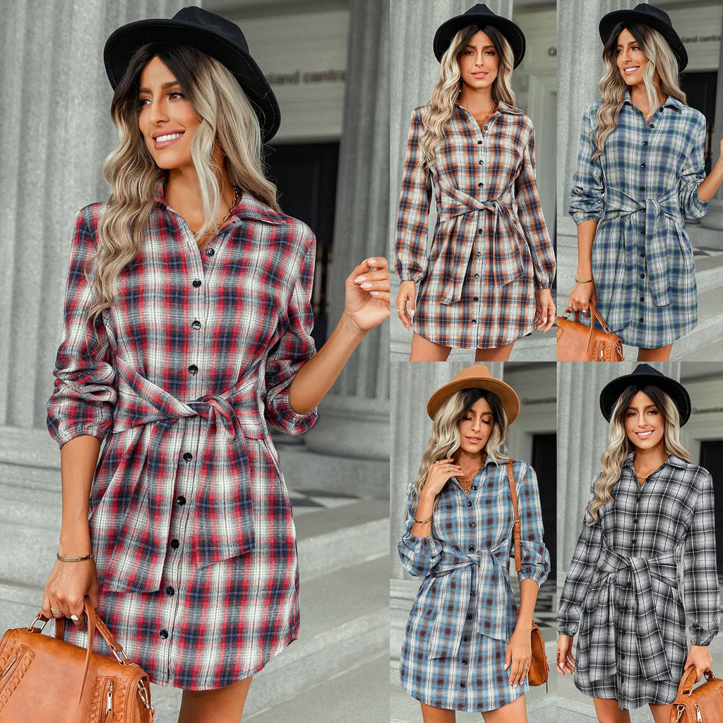 2022 Autumn and Winter New Beauty Clothing Single-Breasted Fashion Plaid Lace-up Waist-Controlled Dress for Women