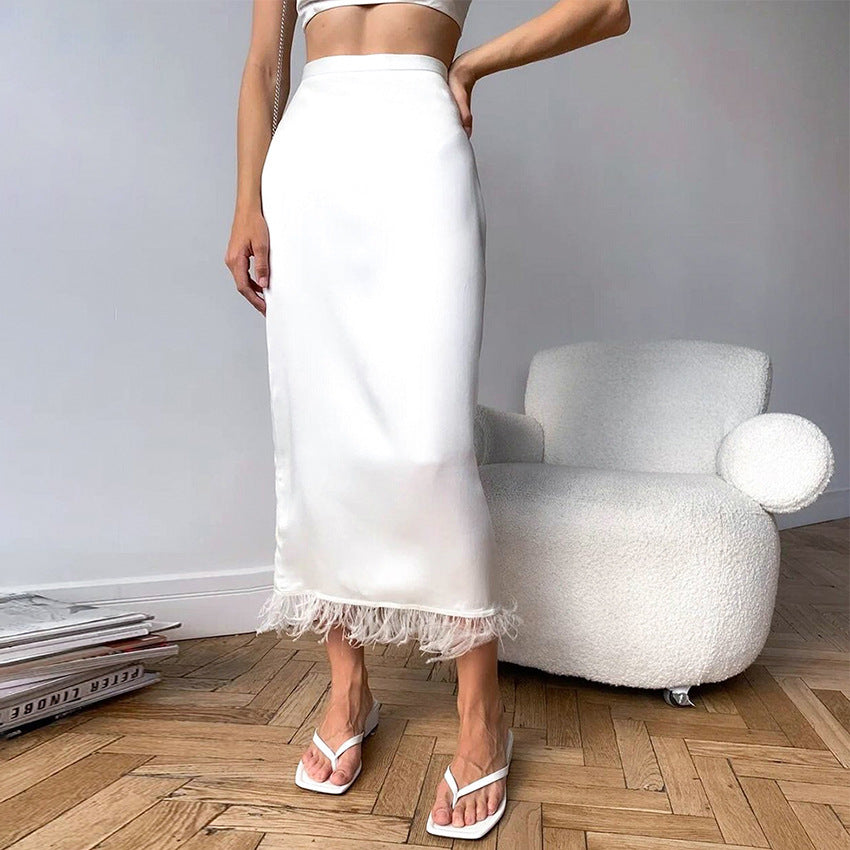 Satin Imitation Acetate Sling Commuter Ostrich Feather Skirt Feather Suit French Two-Piece Set