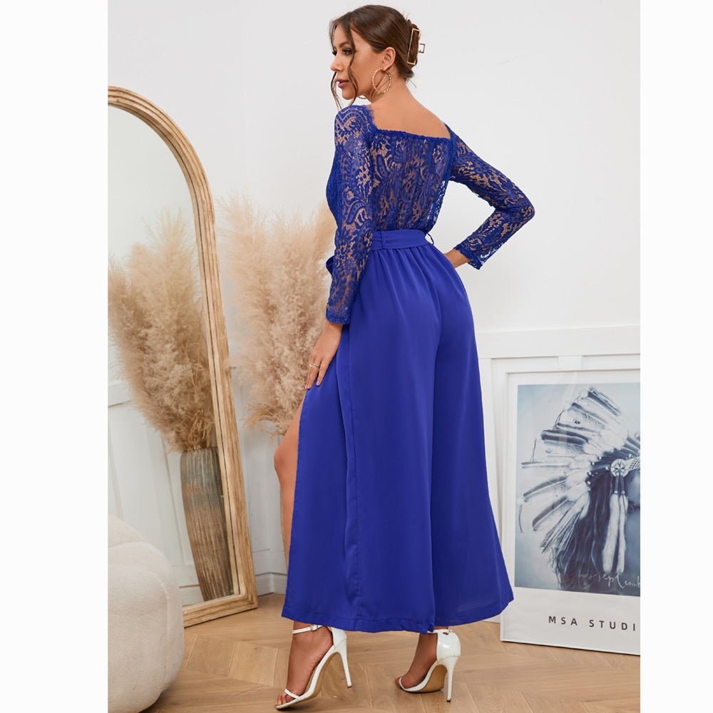 Women's Sexy Lace Long-Sleeved Strapless Large Swing Belt One-Piece Culotte plus Size