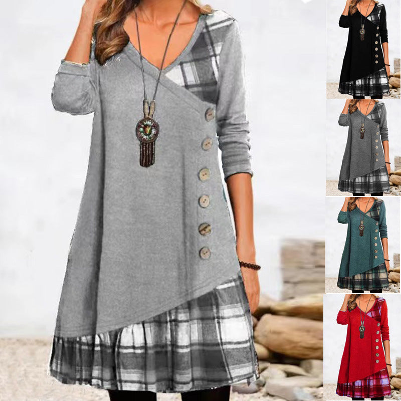 Casual Patchwork Button Long Sleeve Dress