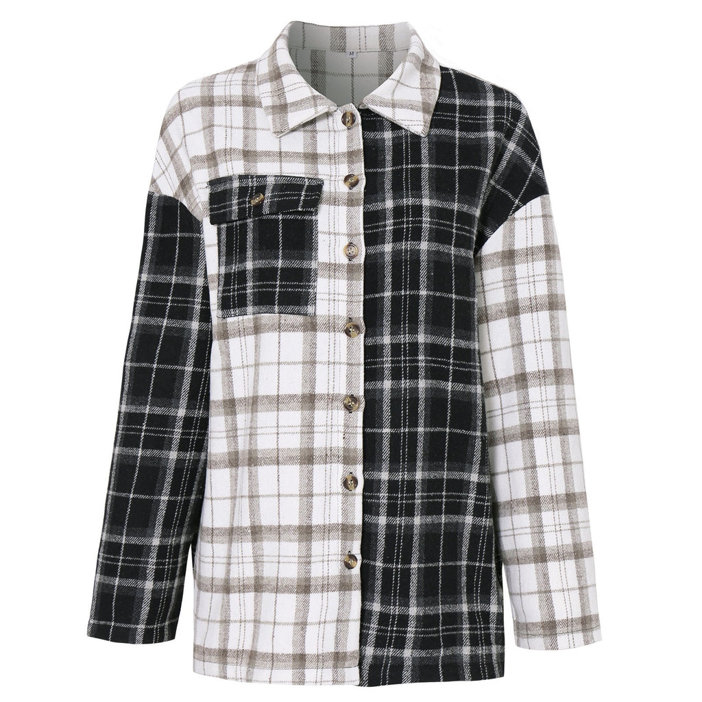 2022 Early Autumn New Polo Collar Plaid Top Women's Long Sleeve Cardigan Loose Shirt