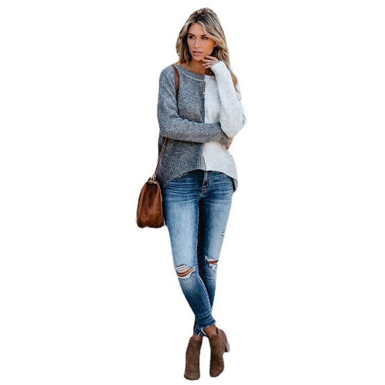 Women's Long-Sleeved Floral Block Sweater Casual Loose round Neck Pullover