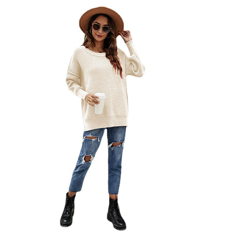 Fashion Pullover Sweater round Neck Loose off-the-Shoulder Large Size Solid Color Sweater