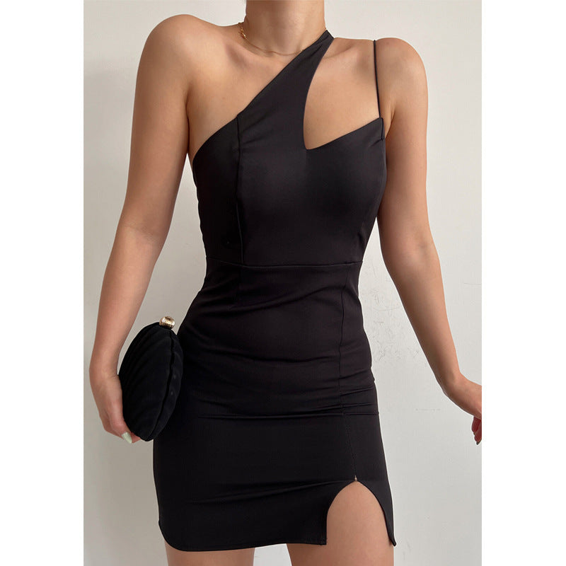 Women's Sexy Hot Skirt Drawstring Patchwork Split Dress with Shoulder Solid Color Sheath off-the-Shoulder Backless