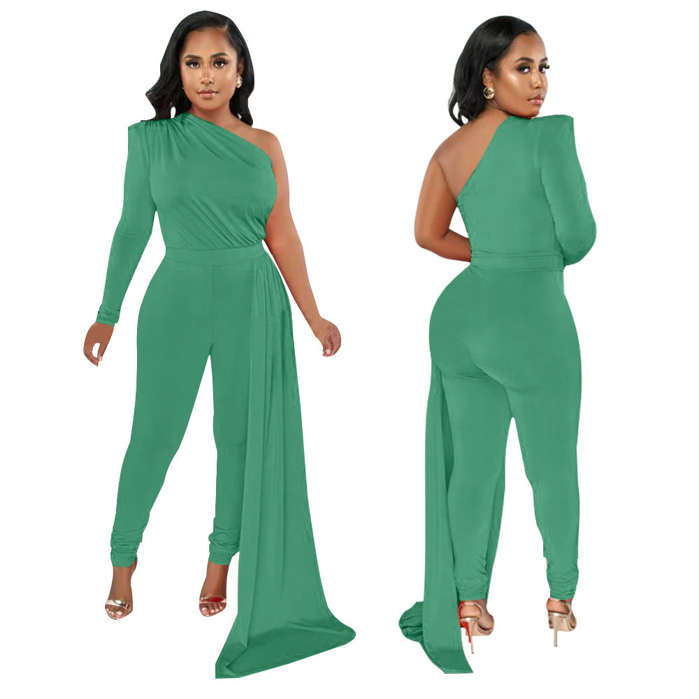 Women's Pleated Shoulder Pure Color Tight Jumpsuit