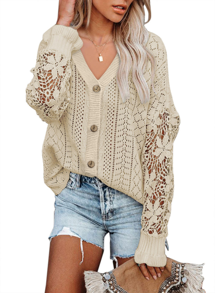 Casual Pure Color All-Matching Cardigan Sweater European and American Hollow Lace Long Sleeve V-neck Sweater Top Women