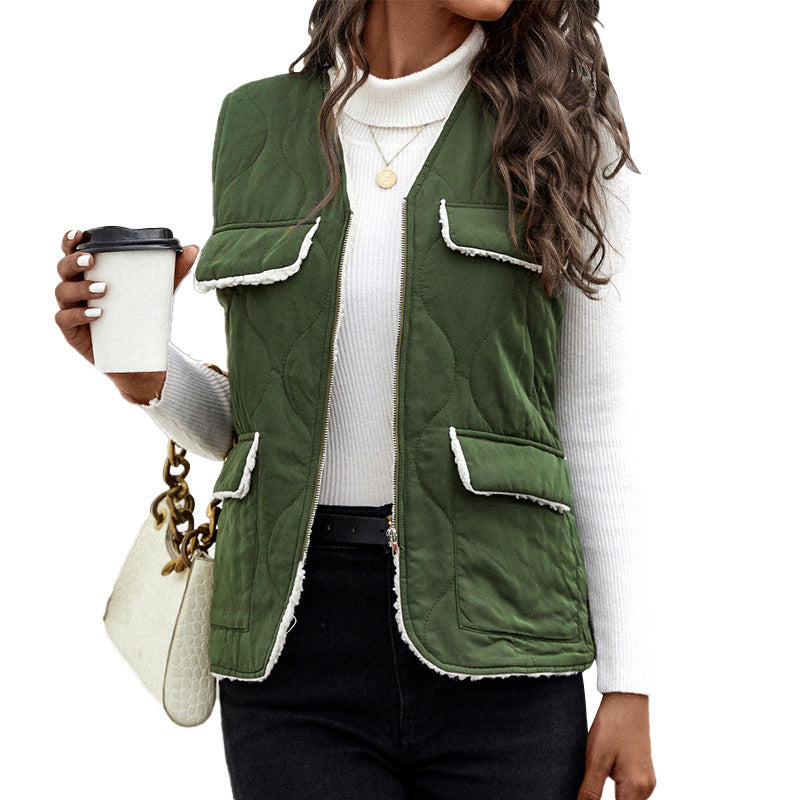 Zipper V-neck Army Green Vest Cotton-Padded Waistcoat Coat European and American Women's Clothing