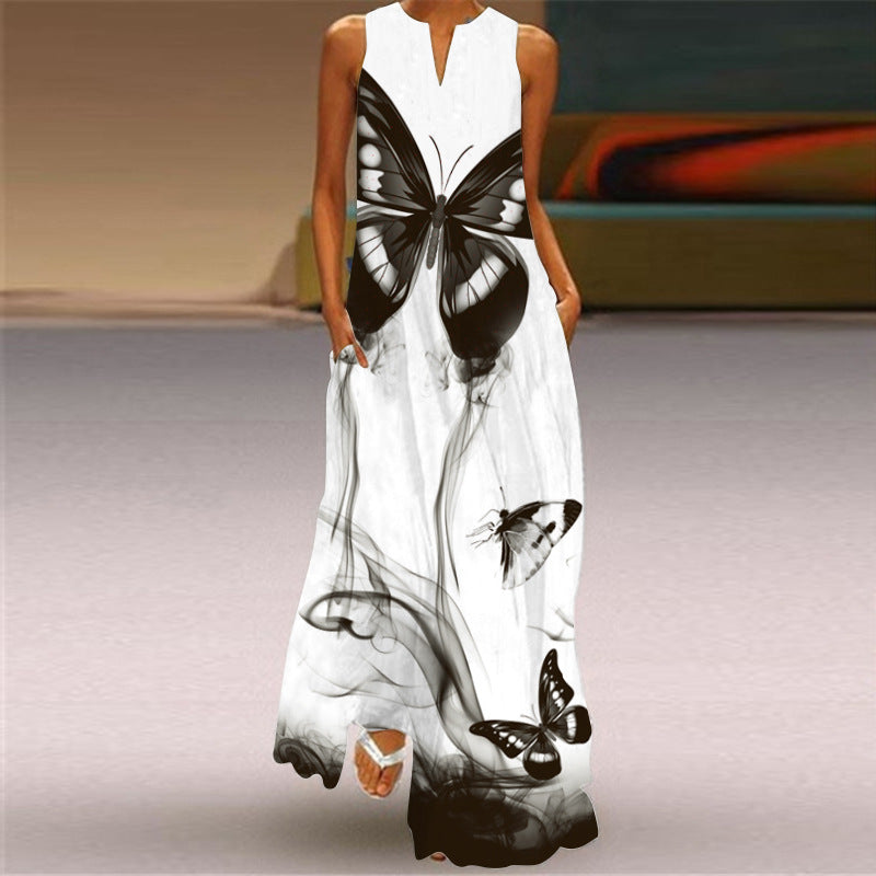 Sexy Digital Printed V-neck Sleeveless Dress Pocket European and American Style Dress