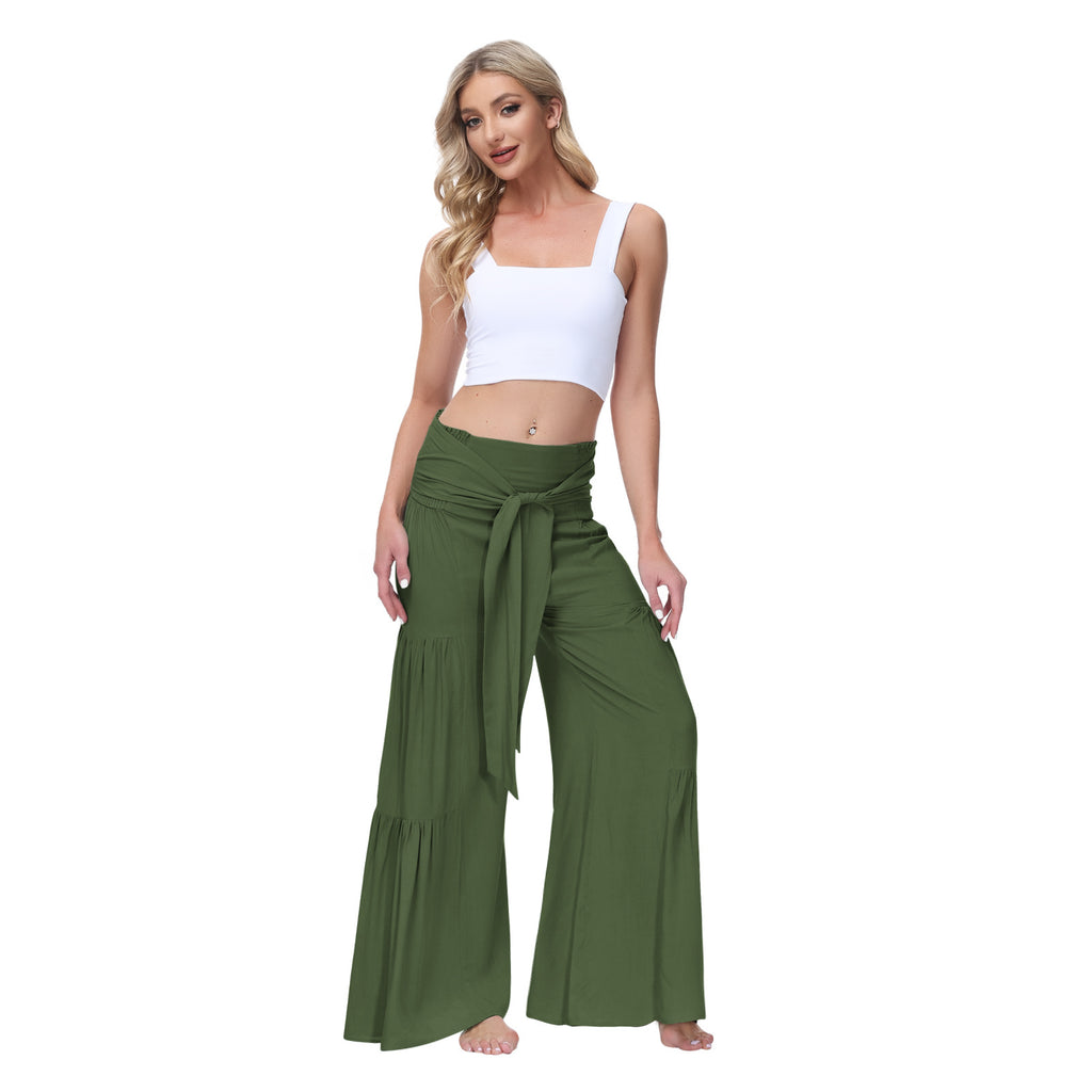 European and American Women's Clothing Fashion Temperament Bandage Elastic Waist Pleated Wide Leg Pants Casual Loose Trousers